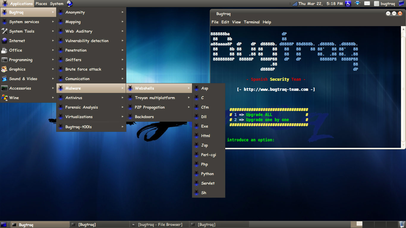 Obrazek przedstawia aplikacje typu malware w systemie Bugtraq Linux