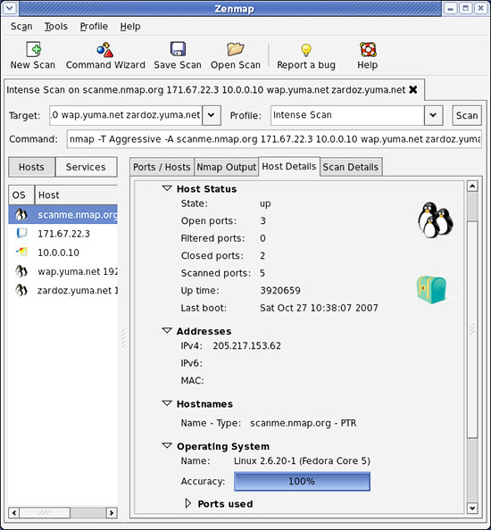 GUI graficznej wersji programu NMAP o nazwie ZENMAP