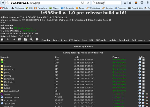 Panel kontrolny php shell o nazwie c99 umożliwiający zdalną pracę na serwerze. Jest to niejako wirus www.