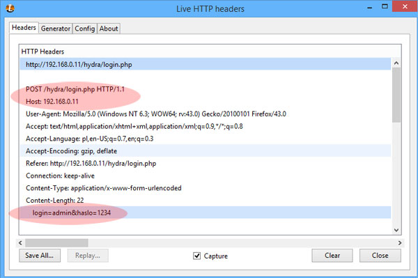 Live HTTP headers plugin - metoda post logowania.
