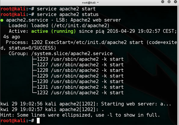 Kali Linux start usługi serwera www i status apache2 w konsoli pod atak RFI.