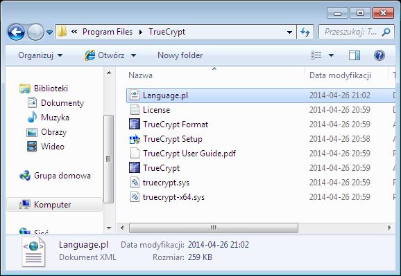 Truecrypt ścieżka z językami C:\Program Files\TrueCrypt\language.pl
