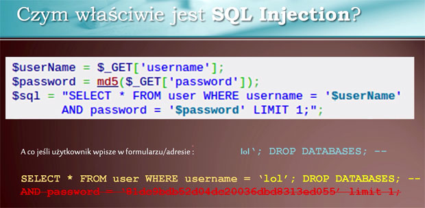Przykład ataku sql injection w PHP i drop databases.