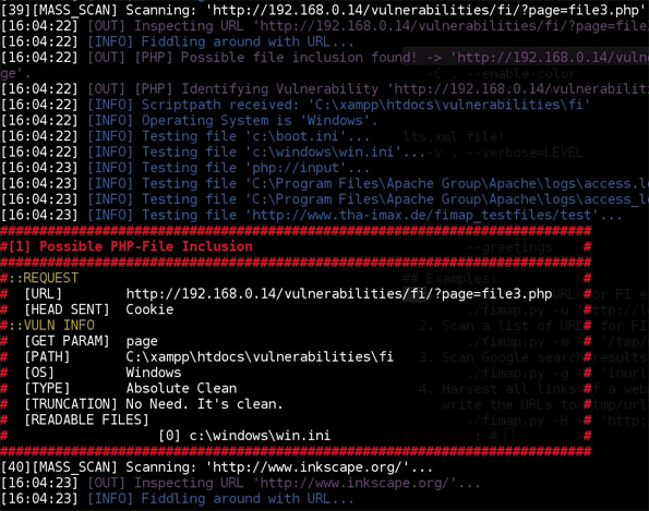 Wykryta luka LFI (local file inclusion) programem fimap w systemie operacyjnym dla hakerów Kali Linux.
