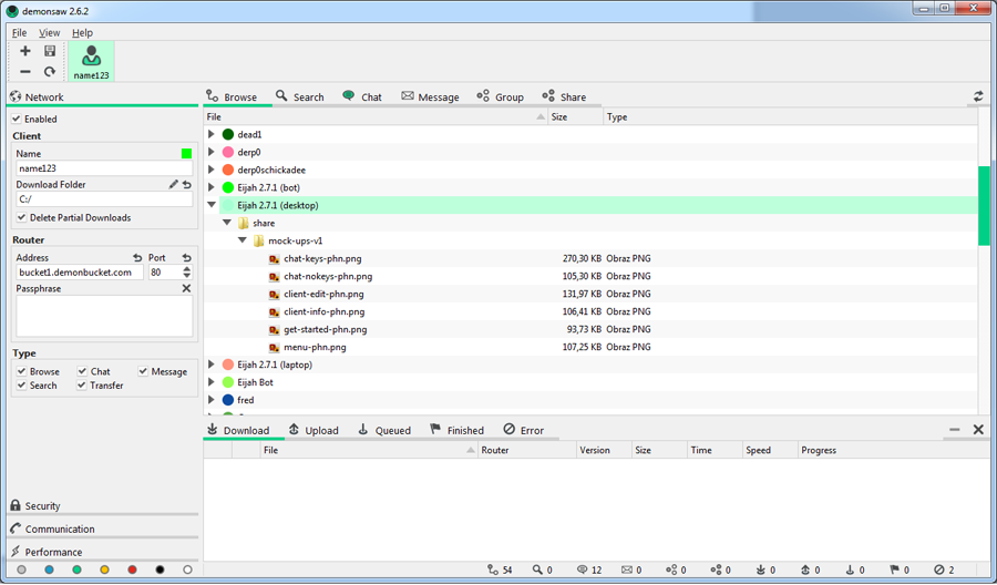 demonsaw - interfejs GUI aplikacji do anonimowego udostępniania plików i czatowania