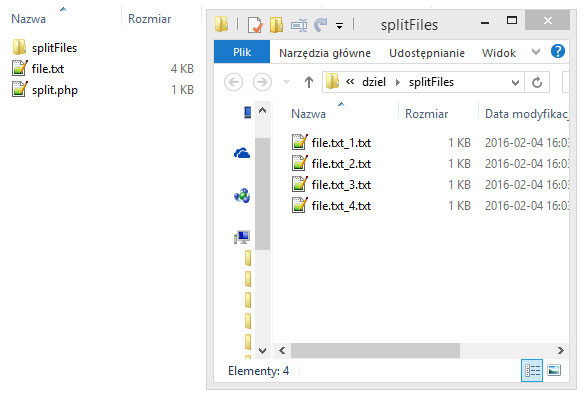 Efekt implementacji programu split linux file w języku interpretowanym PHP