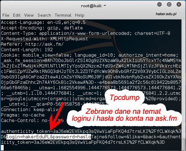 tcpdump przechwycony login i hasło metodą POST protokołu HTTP.
