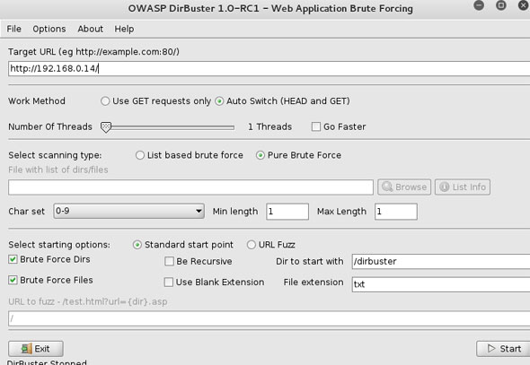 DirBuster settings - konfiguracja wątków i ścieżki XAMPP.